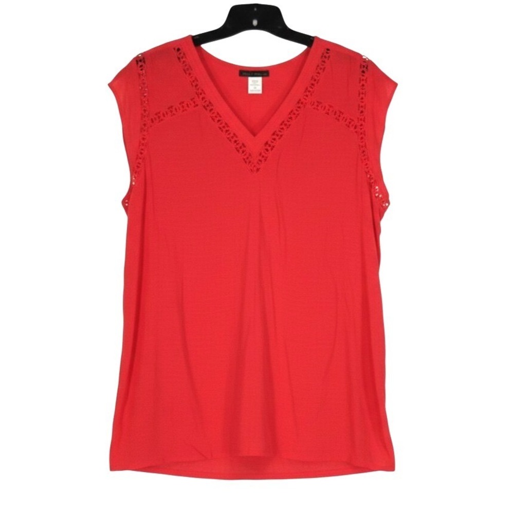 JENNIE & MARTIS Red-Orange CREPE Eyelet Lace Trim CAP SLEEVE Blouse/Tunic Top 2X